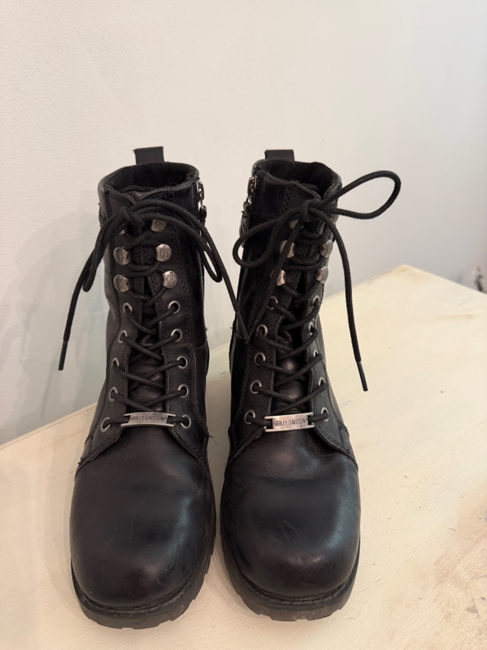 Harley-Davidson Black Lace-Up Leather Moto Boots with Metal Accents
